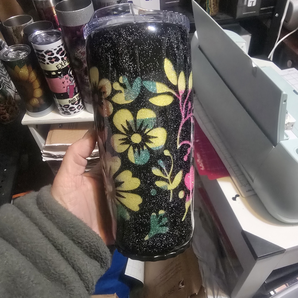 Vibrant Floral Black Glitter Tumbler